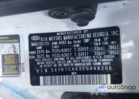 2014 Kia Sorento Lx из США, поврежденный, VIN 5XYKTCA63EG448206